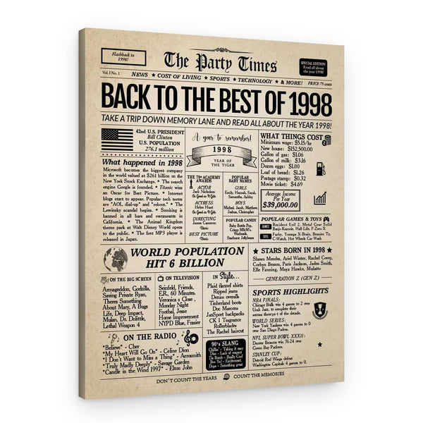 Back In 1998 26th Birthday Newspaper  Canvas Print