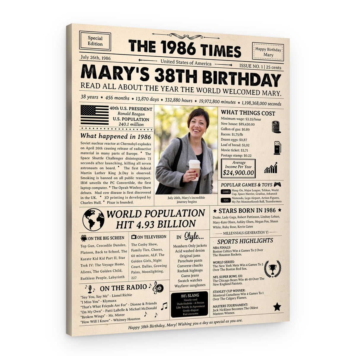 38th Birthday Gift: 1986 Birthday Newspaper Canvas – Canvas Print