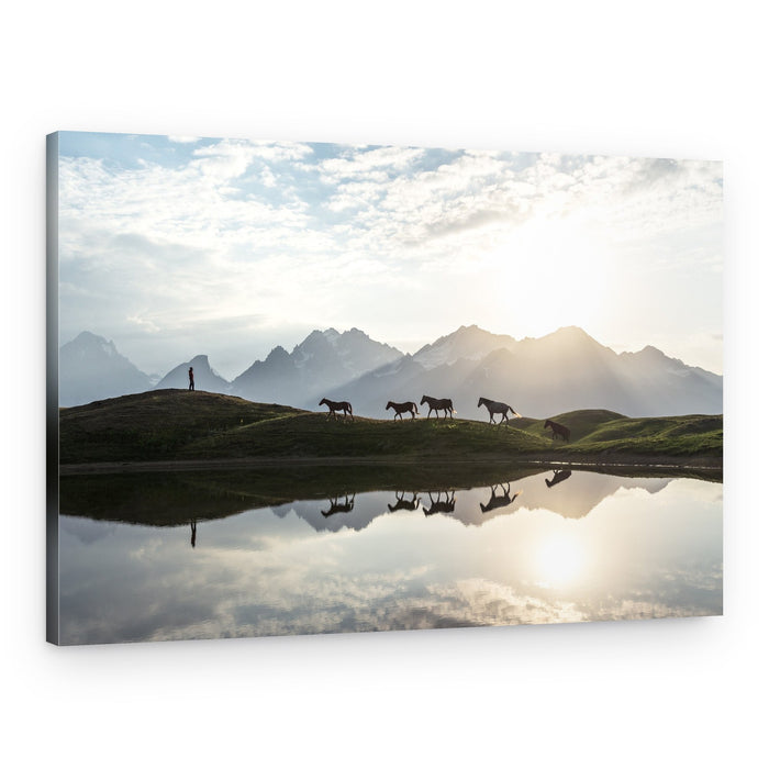 Horses Mountain Lake Reflection – Canvas Print