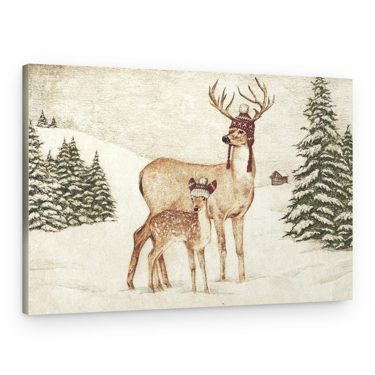 Deer Wearing Cozy Hats – Canvas Print