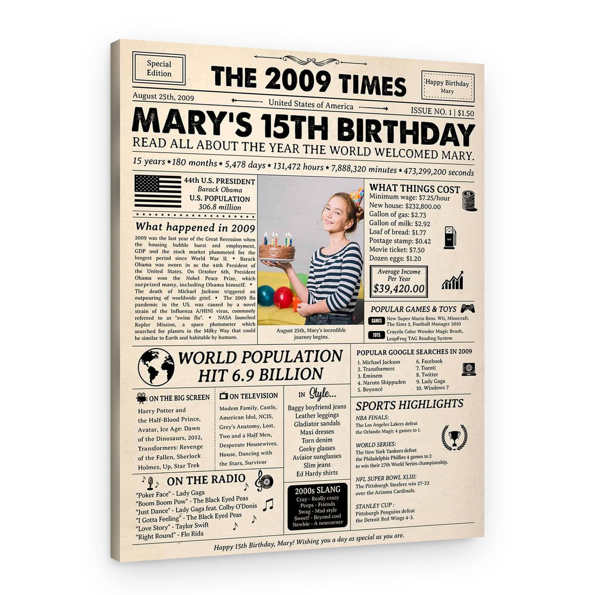 15th Birthday Gift: 2009 Birthday Newspaper Canvas – Canvas Print