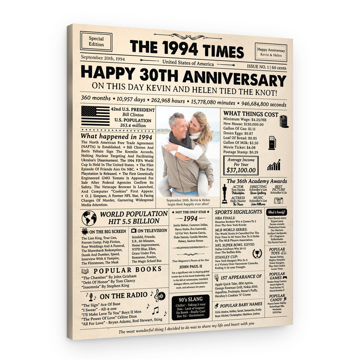 Happy 30th Wedding Anniversary Custom Photo Newspaper Canvas Print – Canvas Print