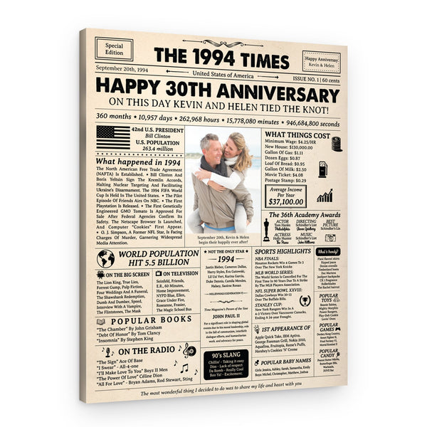 Happy 30th Wedding Anniversary Custom Photo Newspaper Canvas Print