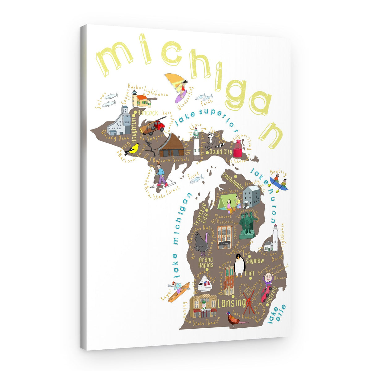 Illustrated Map of Michigan, USA by Artist Carla Daly – Canvas Print
