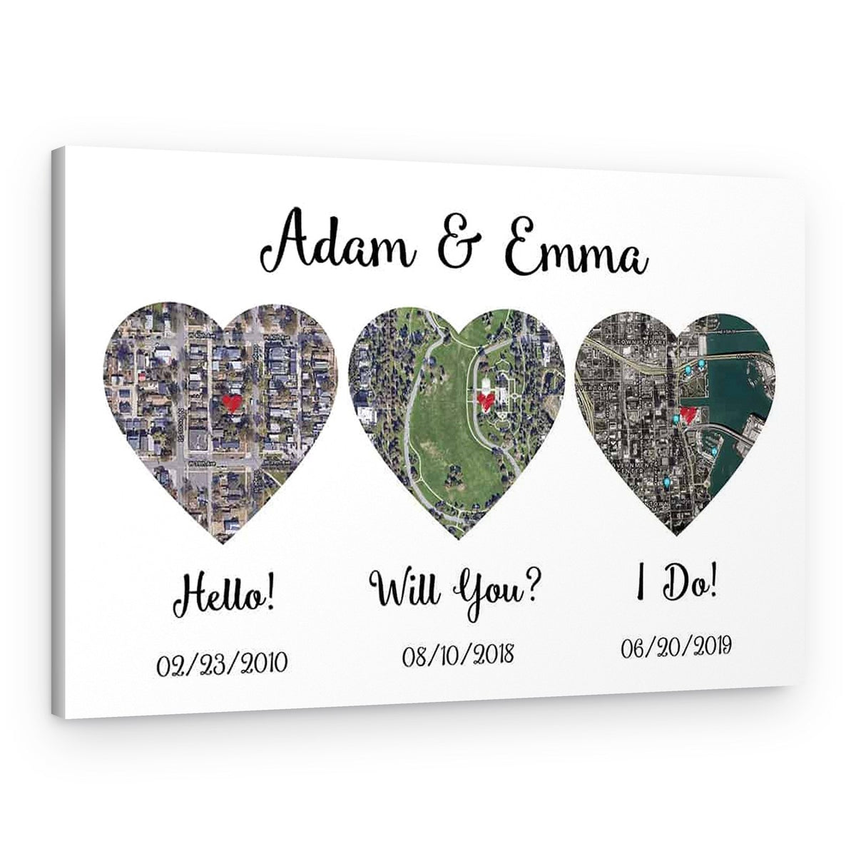 Hello – Will You – I Do Map Satellite Style Canvas Print, Anniversary Gift – Canvas Print – With Names
