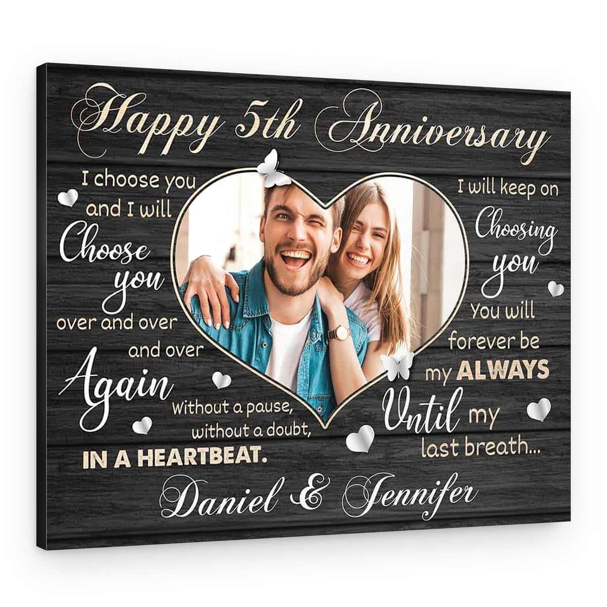 Happy 5th Anniversary Custom Heart Shape Photo with Message – Canvas Print – Design A