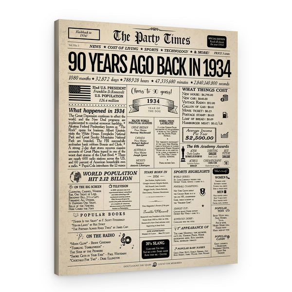 Back In 1934 90th Birthday Newspaper  Canvas Print