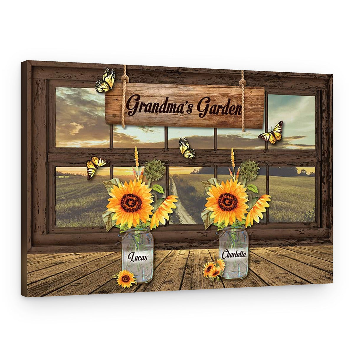Grandma’s Garden Canvas Print With Custom Grandkids Names – Closed Window – Canvas Print – 2 Names
