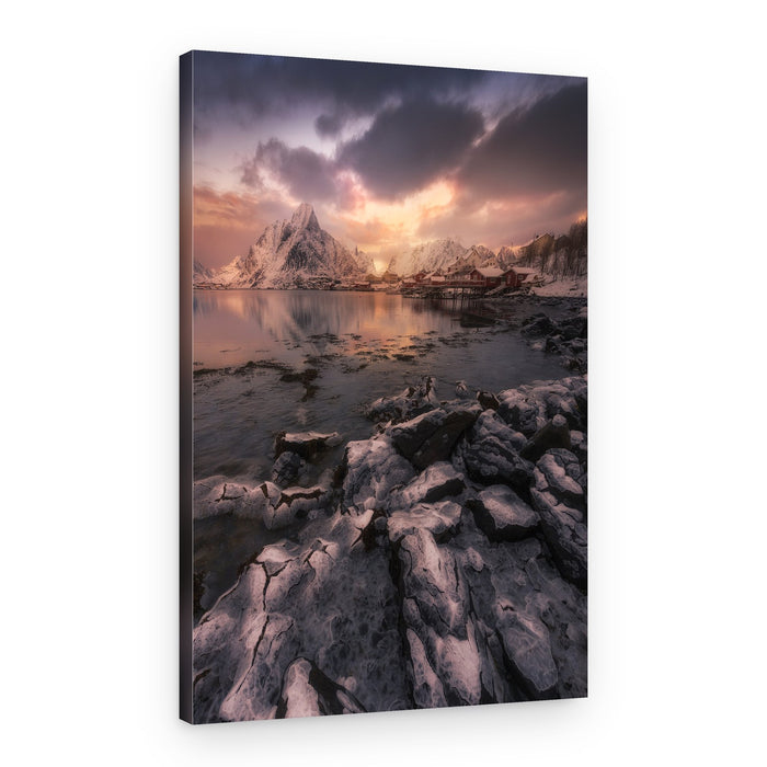 Snowy Fjord Village Sunset – Canvas Print