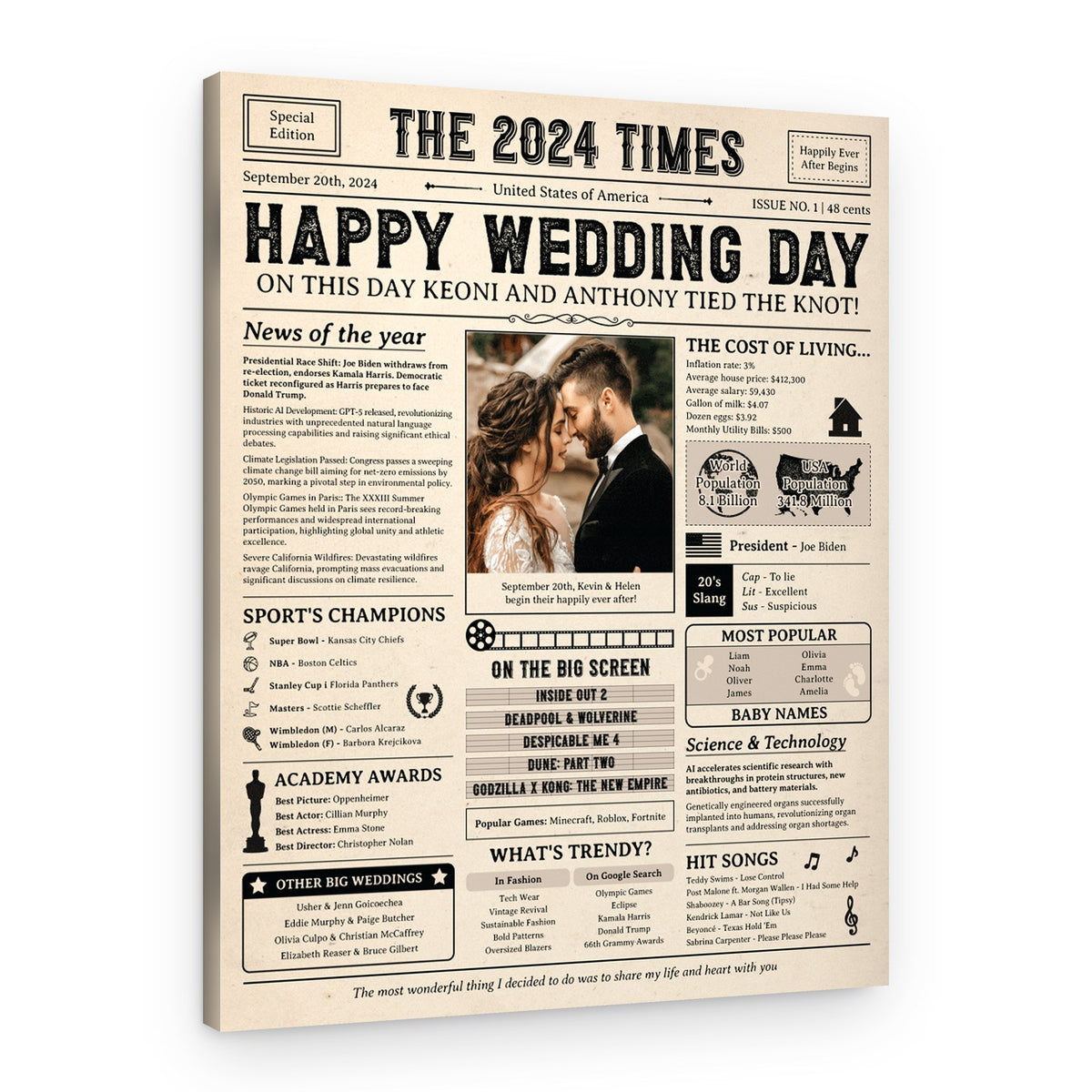 Happy Wedding Day 2024 Custom Photo Newspaper Canvas Print – Canvas Print