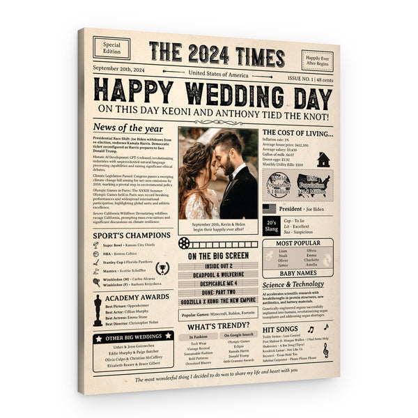 Happy Wedding Day 2024 Custom Photo Newspaper Canvas Print