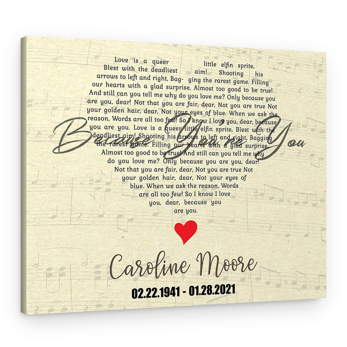 Memorial Canvas with Heart-Shaped Song Lyrics – Canvas Print – Cream