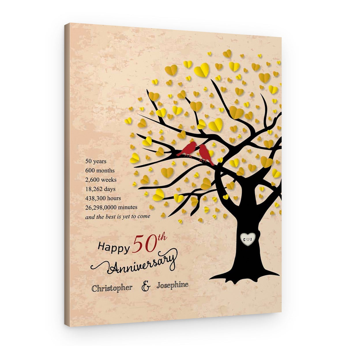 50th Anniversary Family Tree Custom Canvas Print with Time Milestones, and Golden Heart Leaves – Canvas Print – Design A