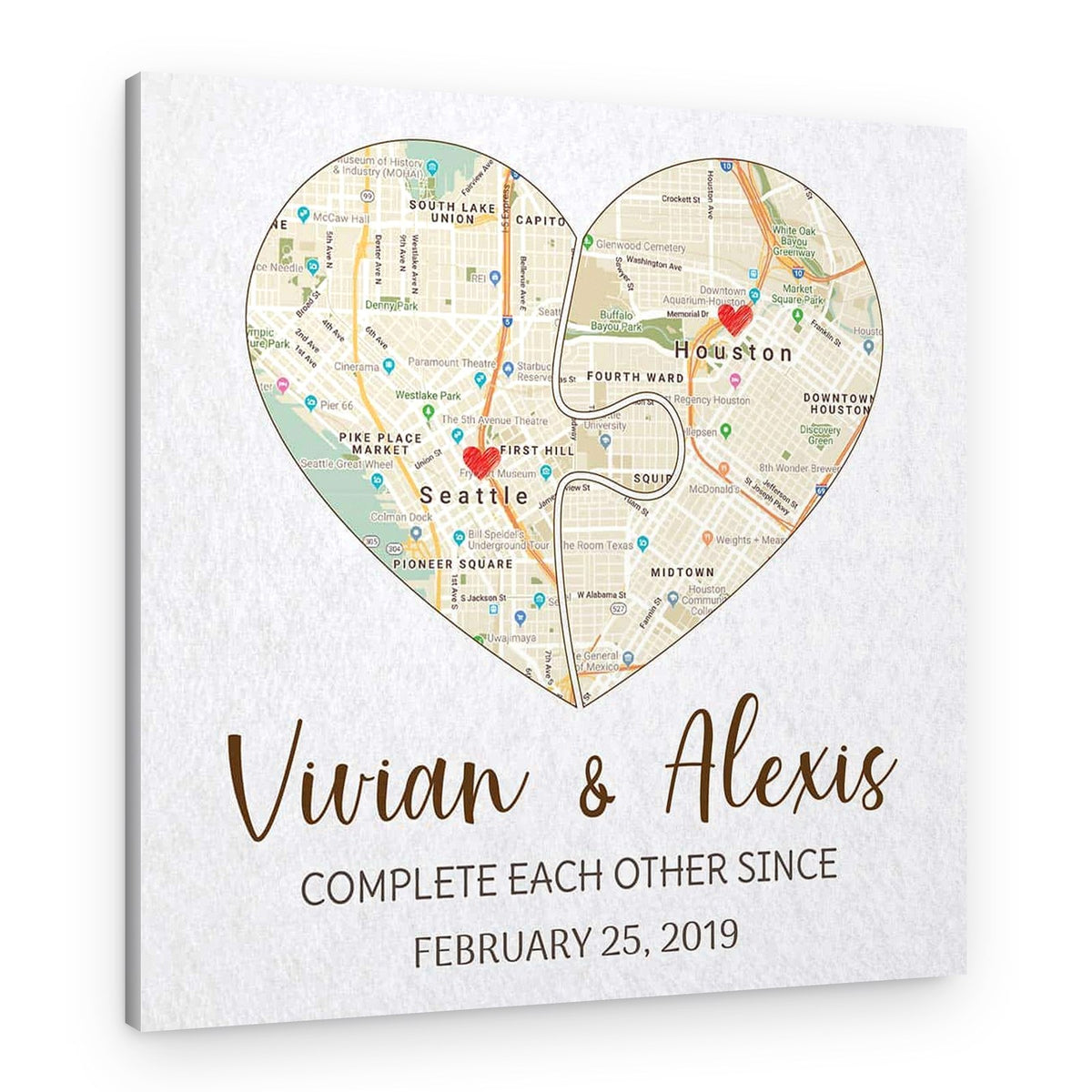 Complete Each Other Custom Split Heart Map Canvas Print – Canvas Print