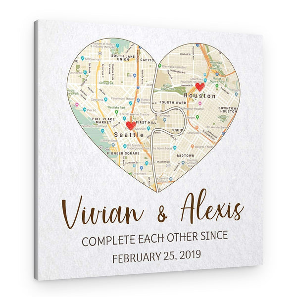 Complete Each Other Custom Split Heart Map Canvas Print
