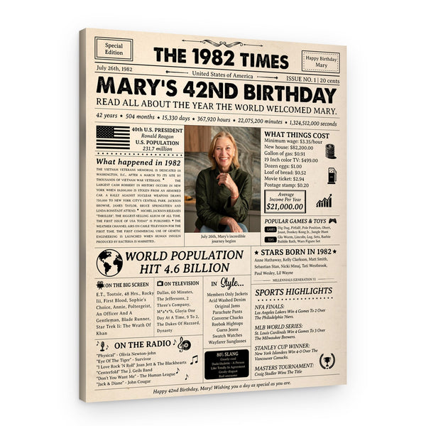 42 Years Birthday Custom Photo Newspaper Canvas Print