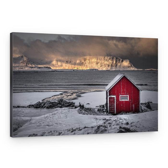 Red Cabin Snowy Shore – Canvas Print
