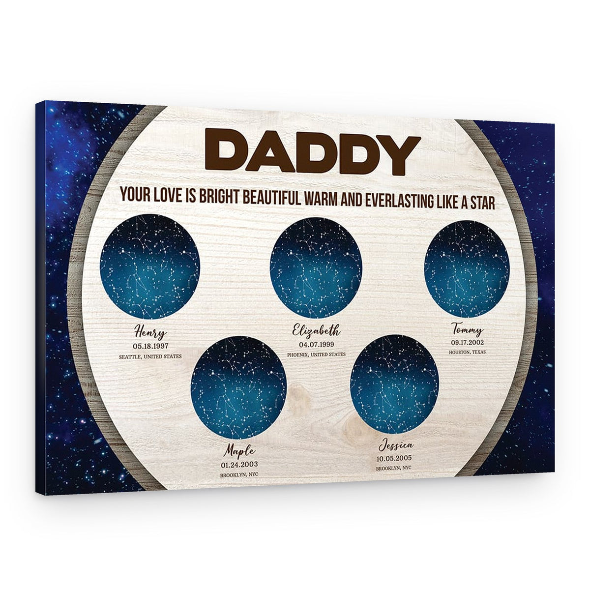 Daddy Your Love Is Bright Beautiful Warm Personalized Star Map Canvas Print For Dad – Canvas Print – 5 Names