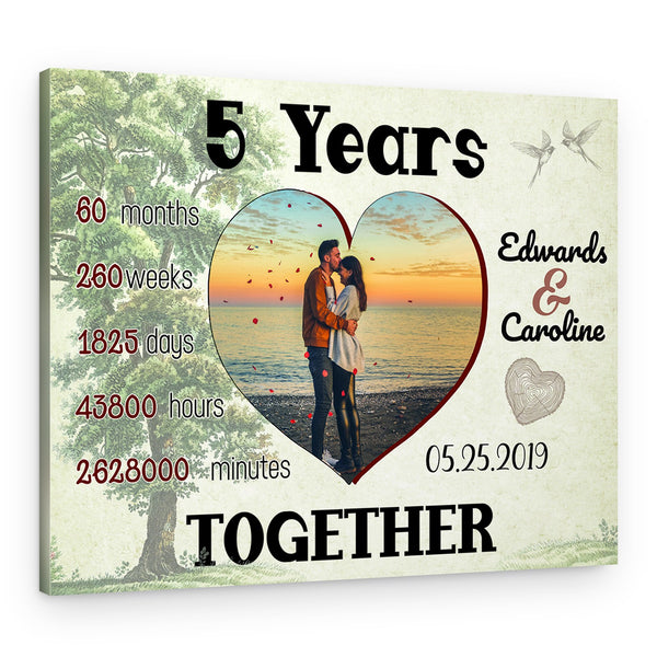 5 Years Together Heart-Shaped Custom Photo Canvas Print