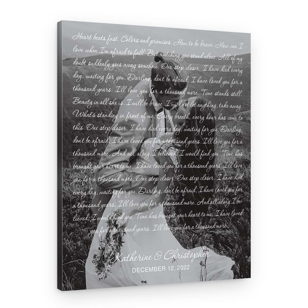 B&W Wedding Song Lyrics with Photo Canvas – Vertical