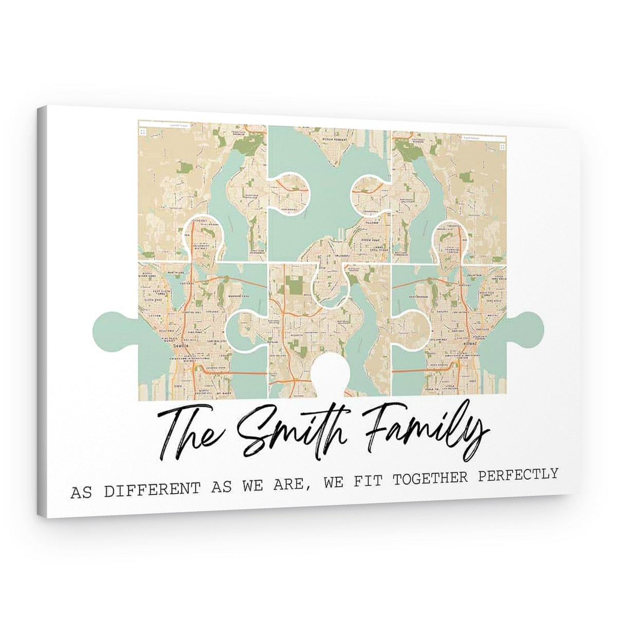 “As Different As We Are We Fit Together Perfectly” Family Puzzle Map Custom Canvas Print (2-6 Maps) – Canvas Print – 6 Pieces