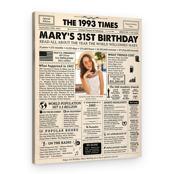 31st Birthday Gift: 1993 Birthday Newspaper Canvas