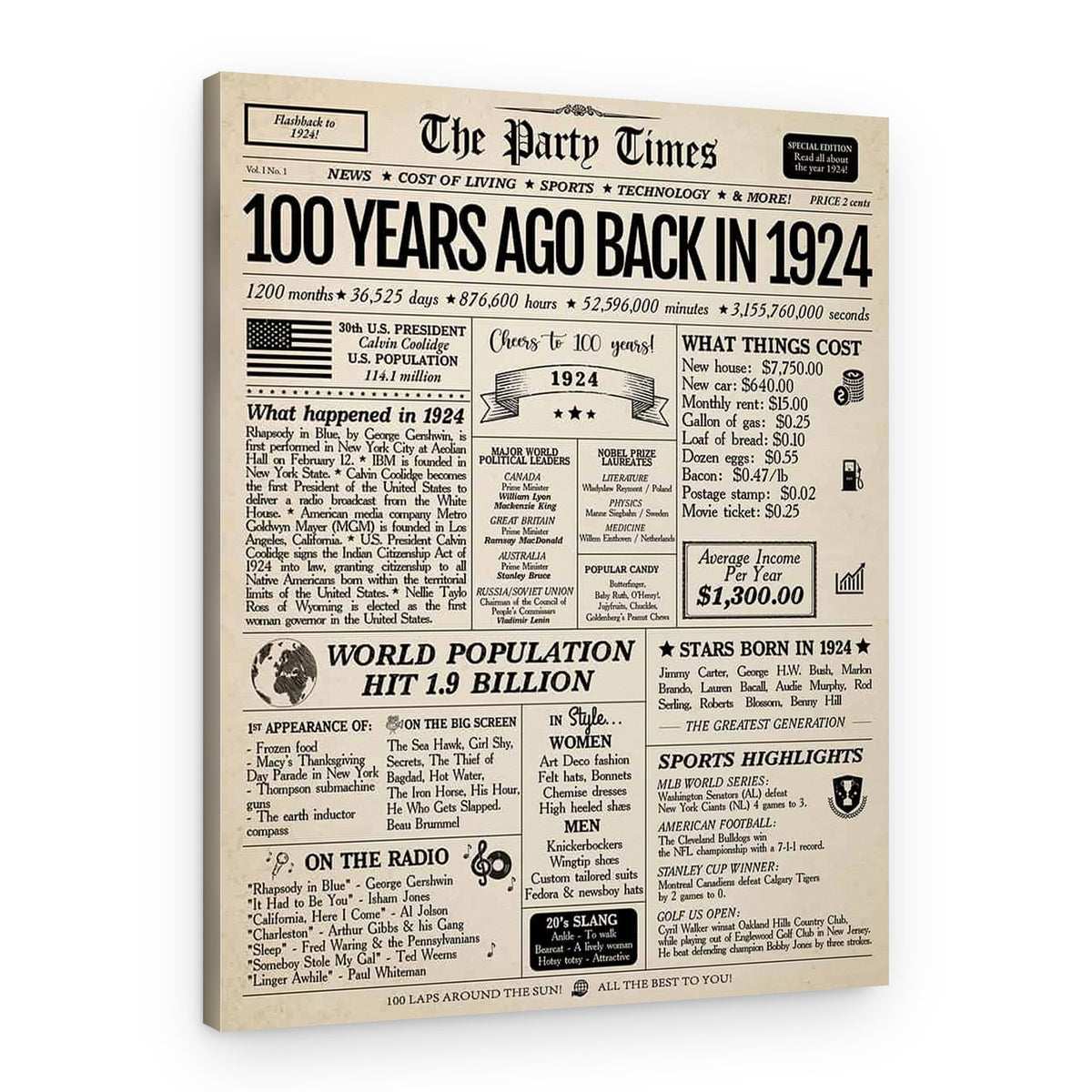 Back In 1924 100th  Birthday Newspaper Canvas Print – Canvas Print