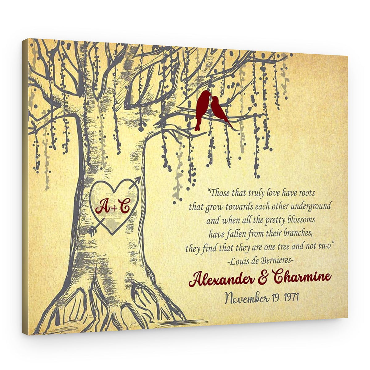 50th Anniversary Tree Custom Canvas Print – Red Love Birds – Canvas Print
