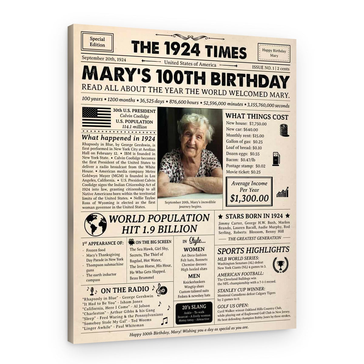 100th Birthday Gift: 1924 Birthday Newspaper Canvas – Canvas Print