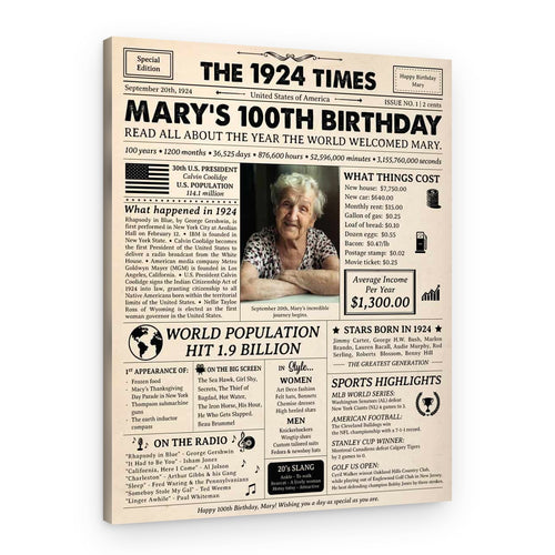 100th Birthday Gift: 1924 Birthday Newspaper Canvas – Canvas Print