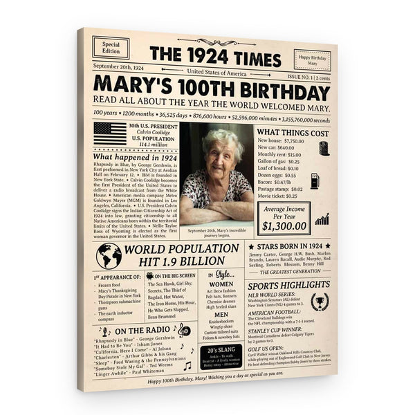 100th Birthday Gift: 1924 Birthday Newspaper Canvas