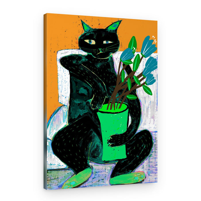 Whimsical Black Cat Plant – Canvas Print