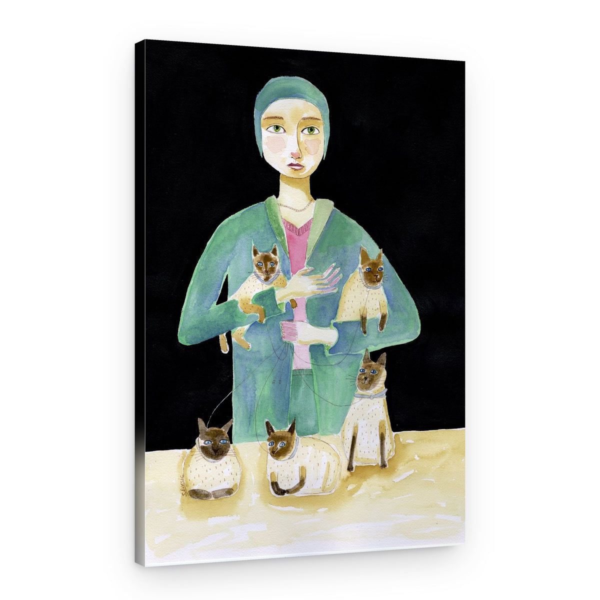Woman With Siamese Cats – Canvas Print