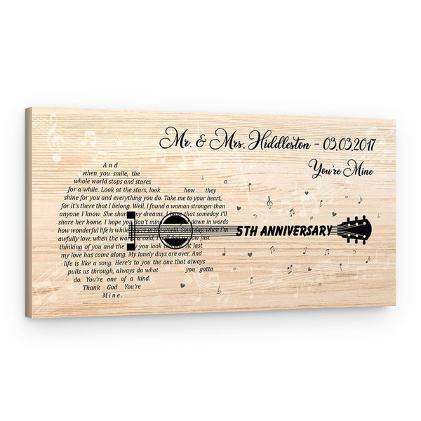 5 Year Anniversary – Custom Guitar Shaped Song Lyrics Canvas Print