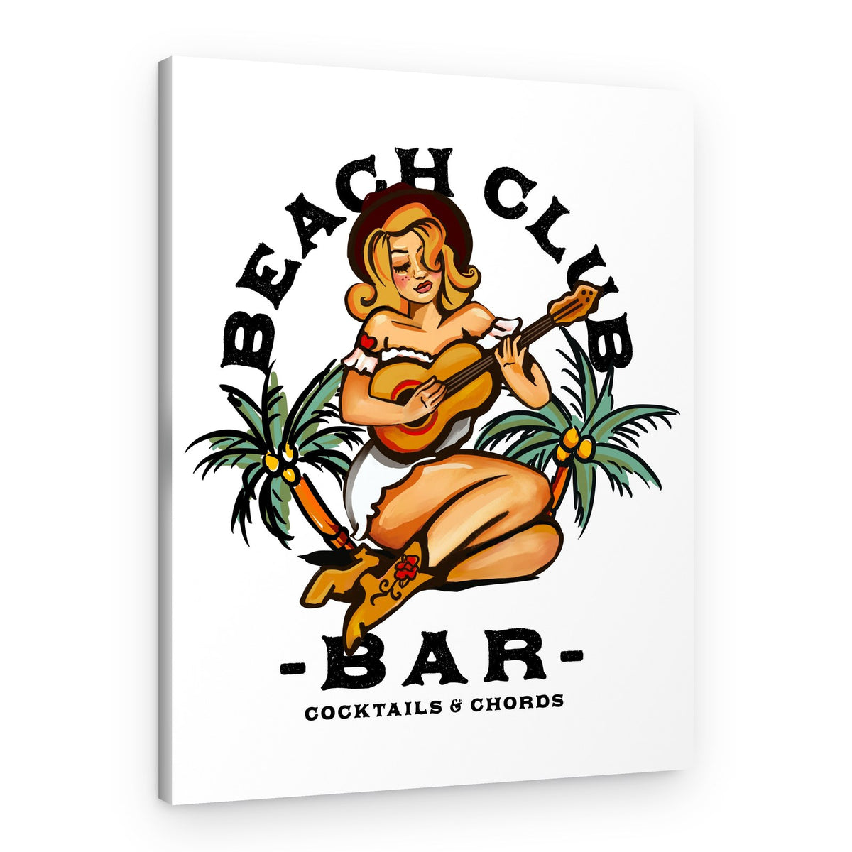 Beach Club Bar. Sailor Jerry Style Pin-up Girl Playing Guitar – Canvas Print