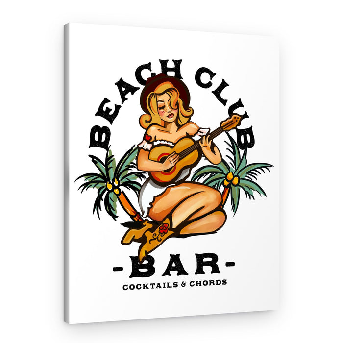 Beach Club Bar. Sailor Jerry Style Pin-up Girl Playing Guitar – Canvas Print