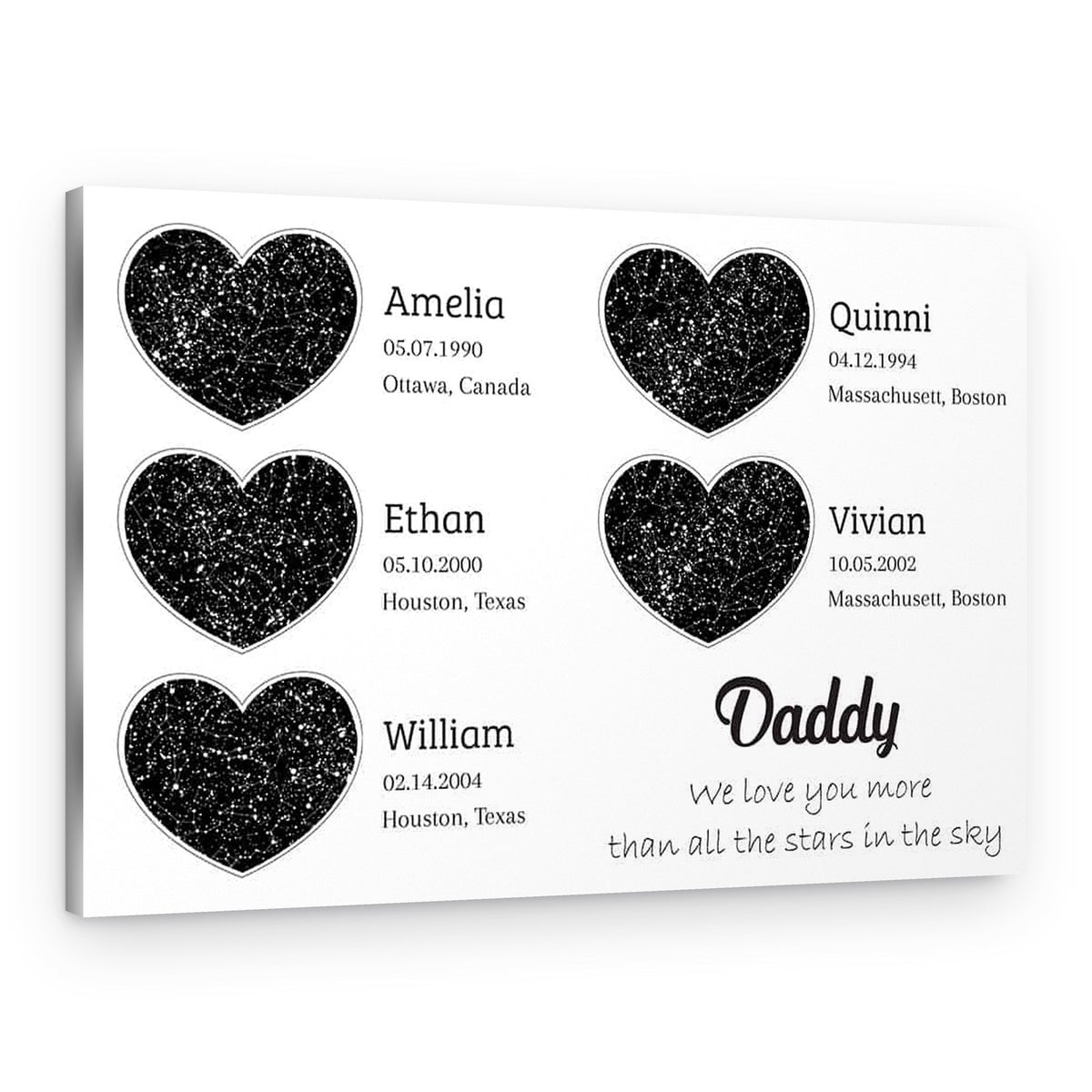 Custom Heart-Shaped Constellation Maps Canvas Print – Gift for Dad – Canvas Print – 5 Children