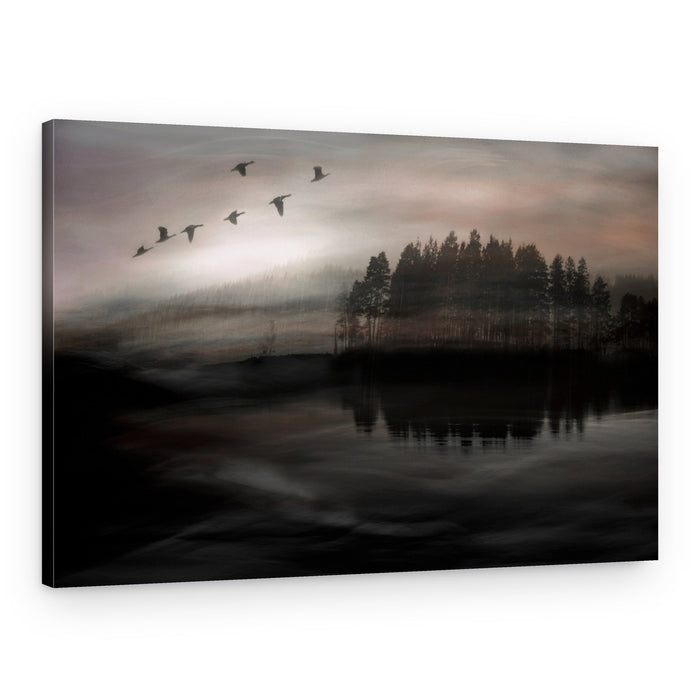 Birds Over Misty Lake – Canvas Print