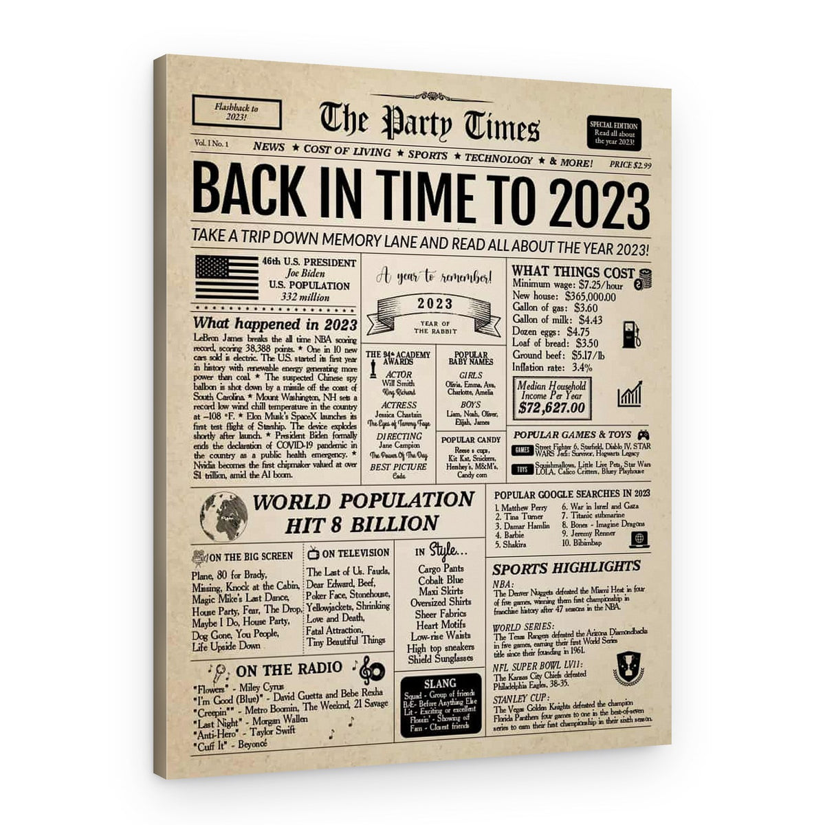 Back In 2023 1st Birthday Newspaper Canvas Print – Canvas Print
