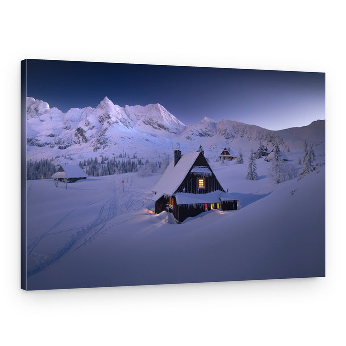 Snowy Mountain Cabins – Canvas Print