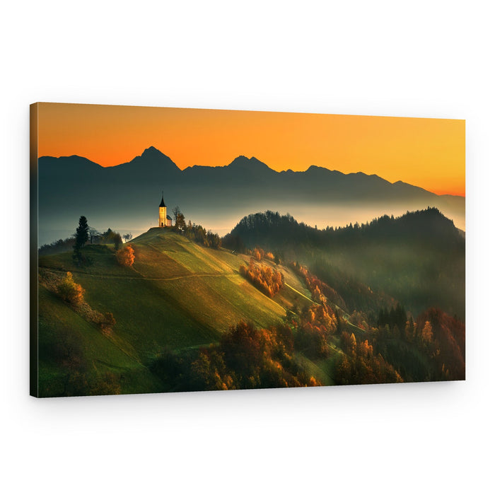 Golden Hour Hilltop Church – Canvas Print
