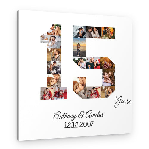 15 Year Anniversary Square Canvas – Number Photo Collage with 18 Pictures – Canvas Print – Design A