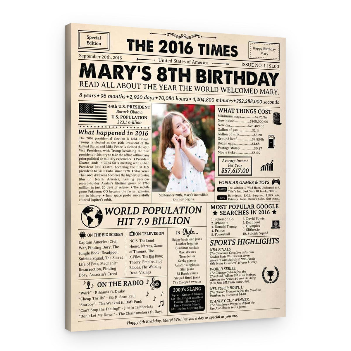 8th Birthday Gift for Kid: 2016 Birthday Newspaper Canvas – Canvas Print