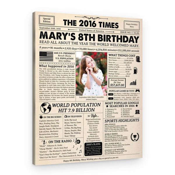 8th Birthday Gift for Kid: 2016 Birthday Newspaper Canvas