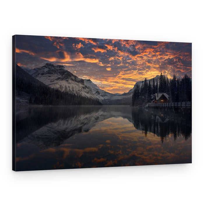 Mountain Lake Cabin Sunset – Canvas Print