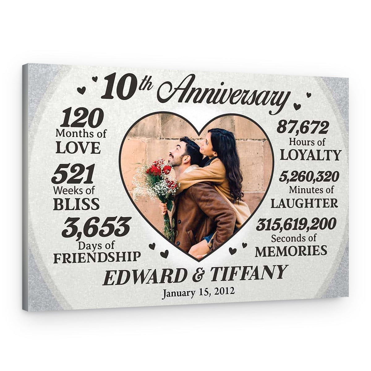 10th Anniversary Milestone Custom Heart-Shaped Photo Canvas – Canvas Print – Design A