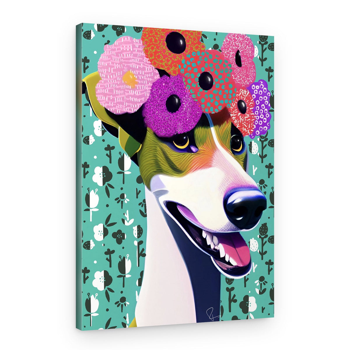 Happy Dog Flower Crown – Canvas Print