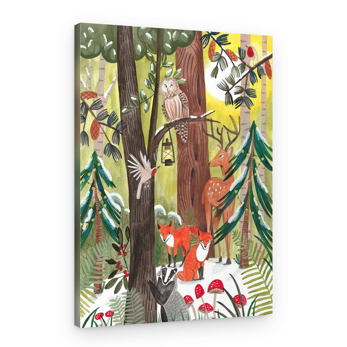 Green Christmas forest with animals – Canvas Print