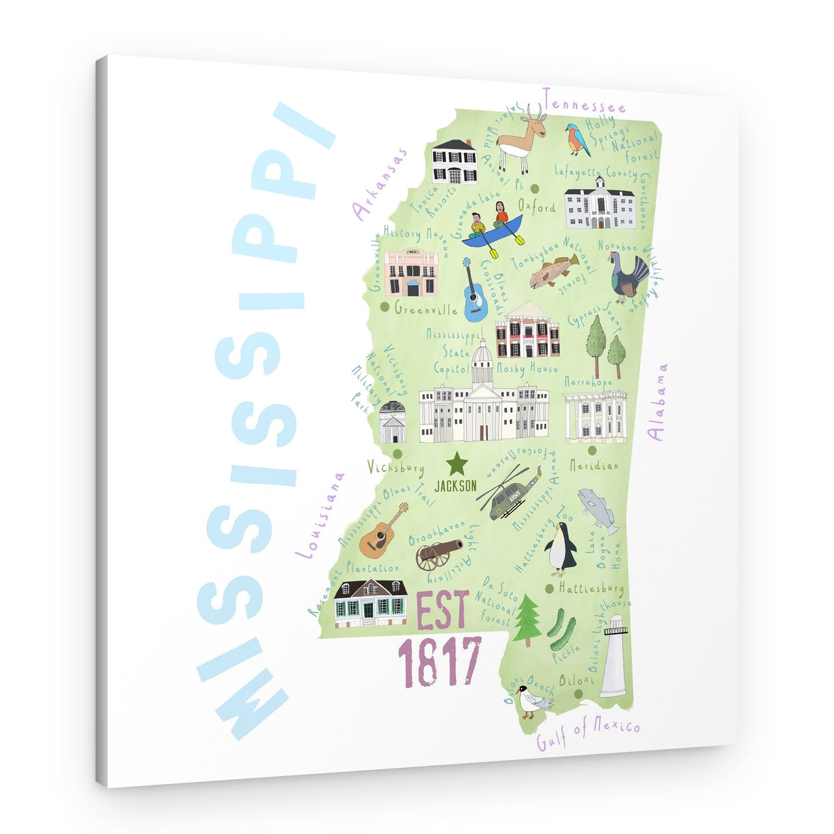 Whimsical Mississippi Map – Canvas Print