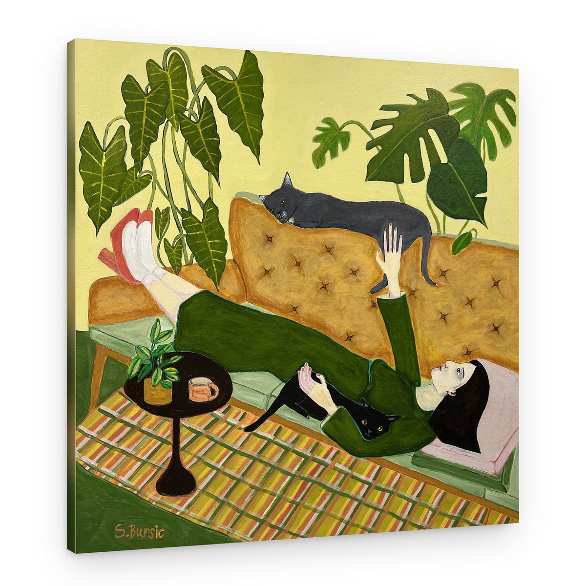 Relaxed Woman With Cats – Canvas Print